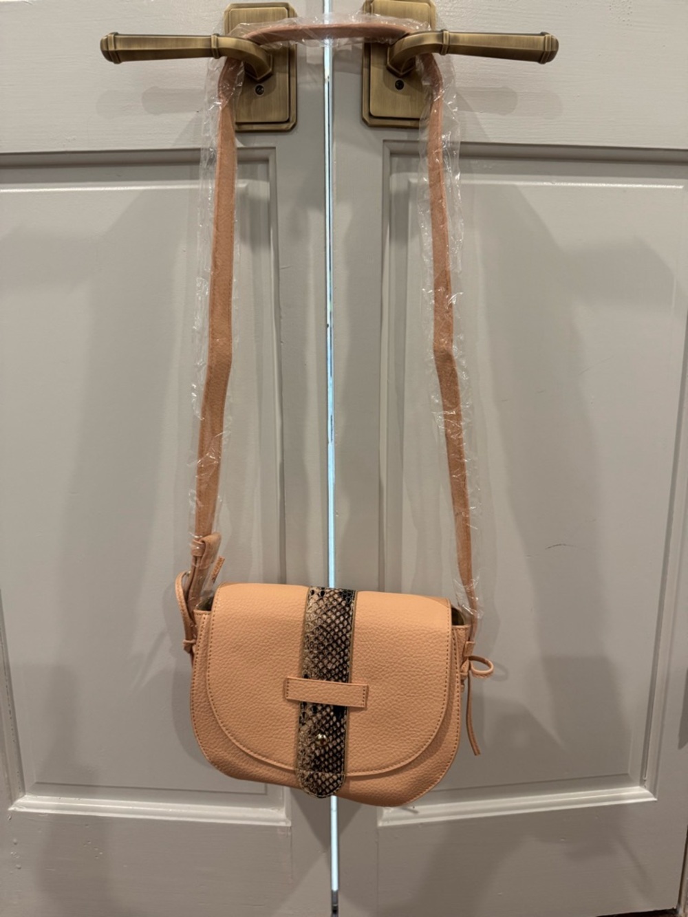 Shoe Dazzle Peach Crossbody with Snake-Print Accent